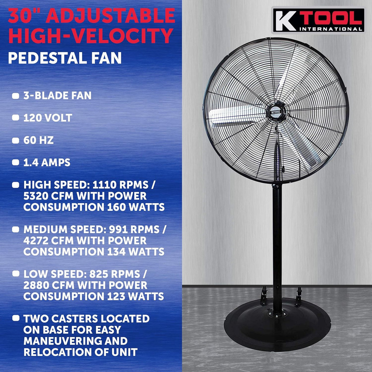 30" Adjustable High-Velocity Pedestal Fan, Non-Oscillating, 3-Speed V603