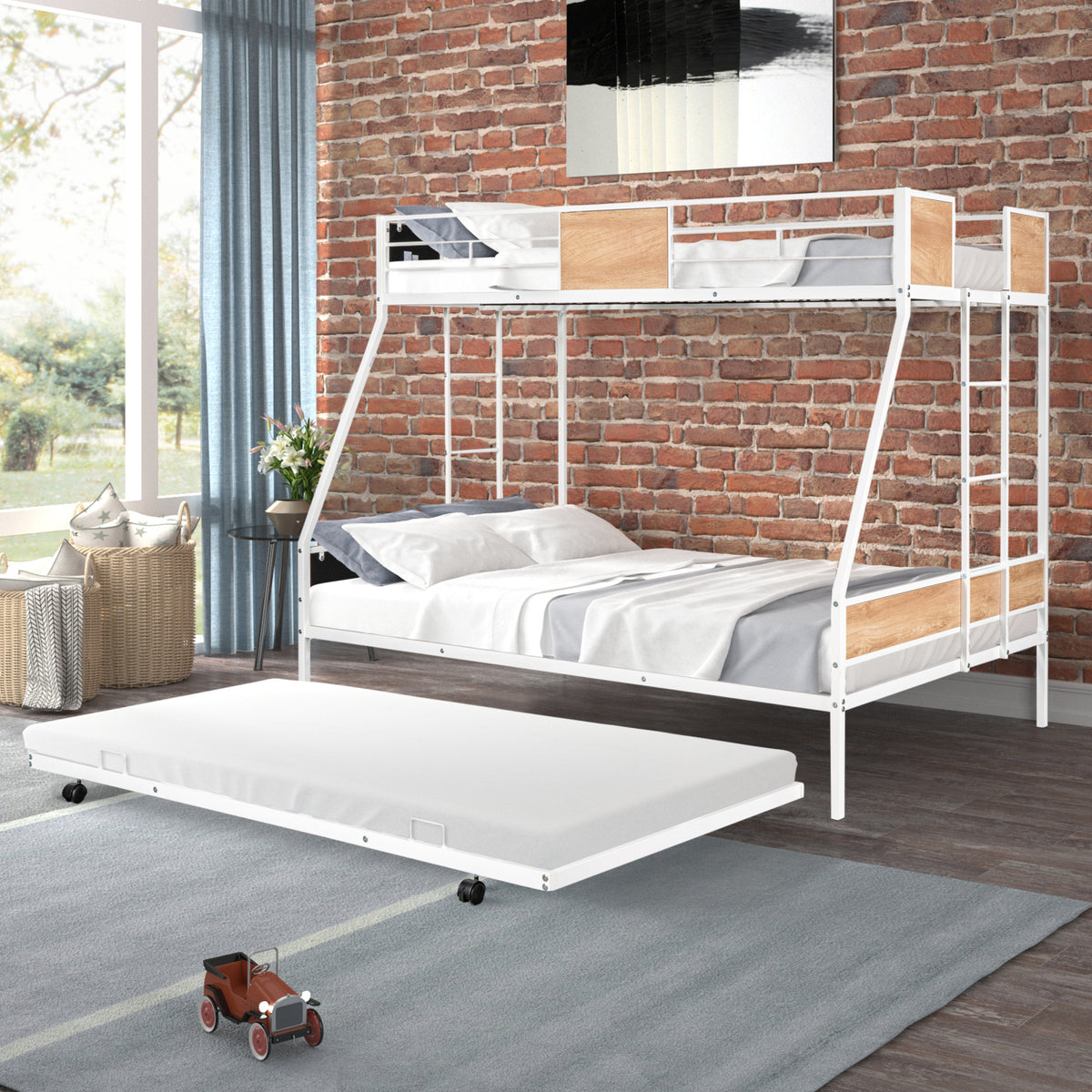 Twin Over Twin Full Metal Bunk Bed Frames with Trundle & Two-Side Ladders M4019