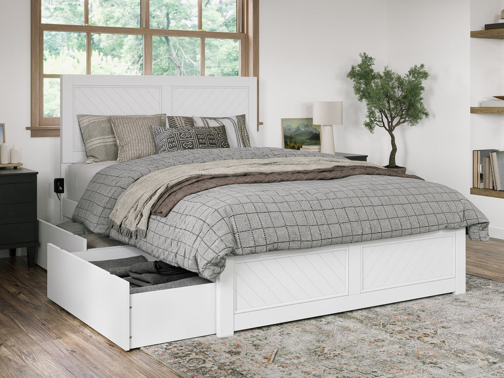 White Solid Wood Platform Bed with Storage Drawers Queen H5614