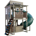 Wooden Outdoor Two-Story Playhouse with Slide, Kitchen, Rock Wall and Bench H791