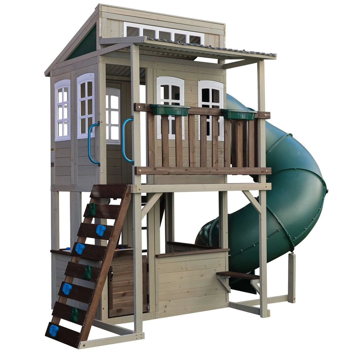 Wooden Outdoor Two-Story Playhouse with Slide, Kitchen, Rock Wall and Bench H791