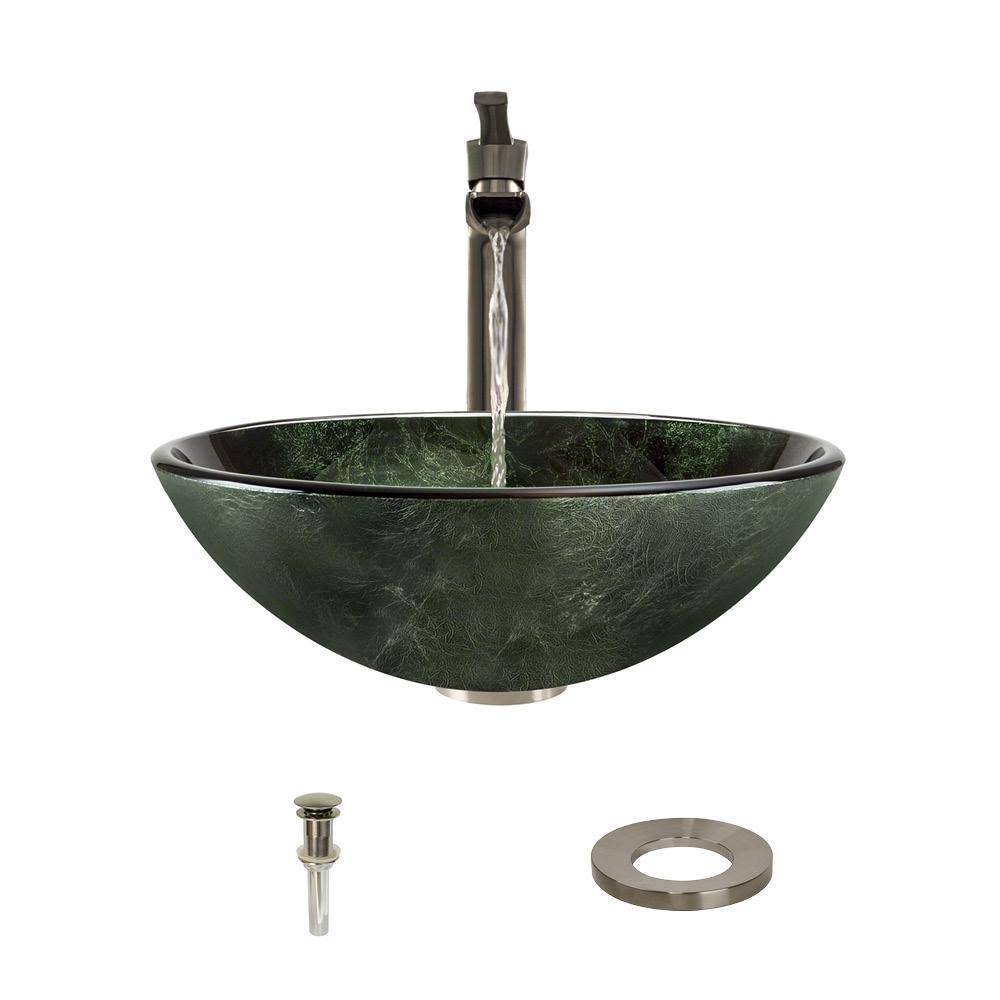 Vessel Sink Ensemble with Brushed Nickel Finish Faucet, Pop-Up Drain, and Sink Ring I948192