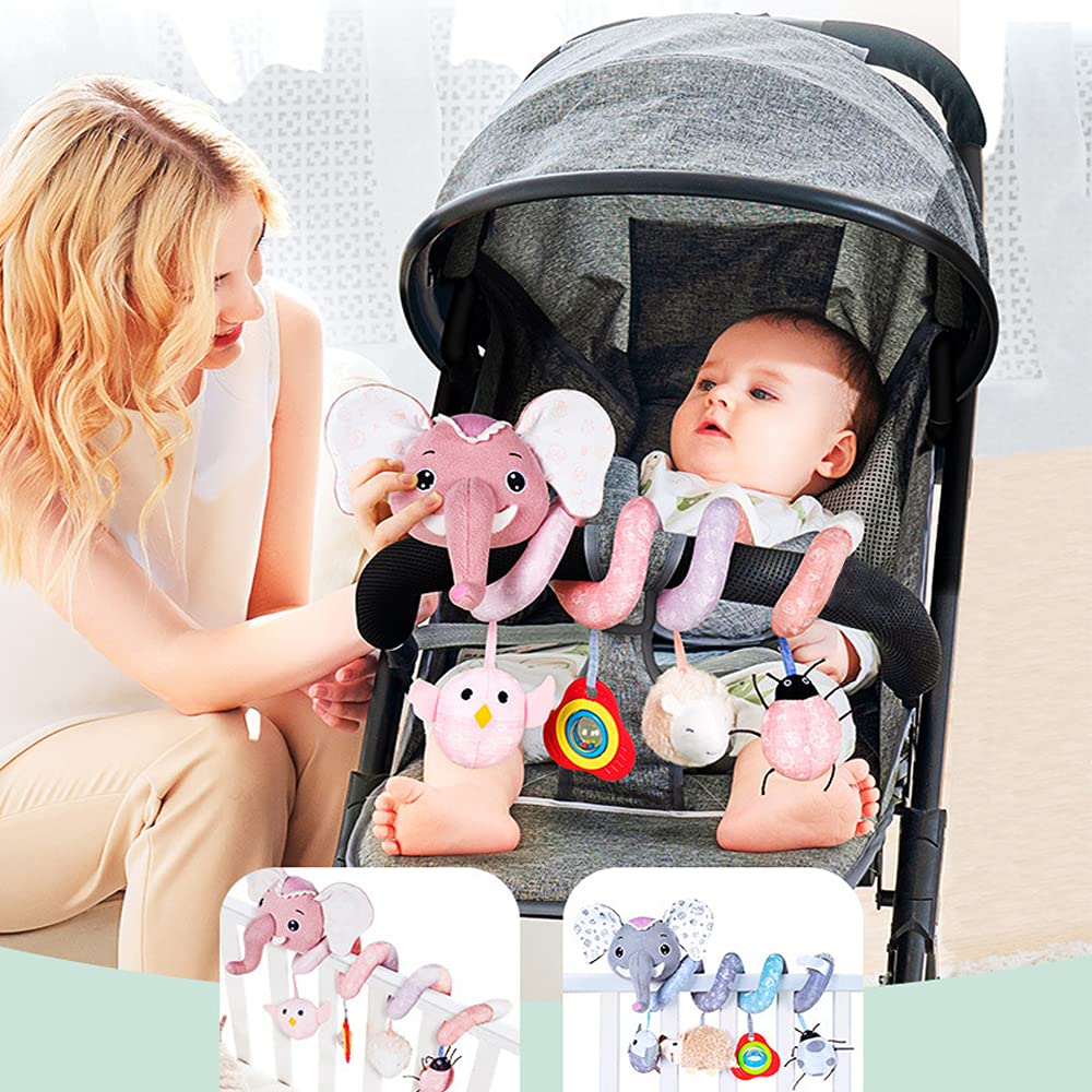 Pink Elephant Baby Car Seat Toys with Musical Owl Rattle U2388