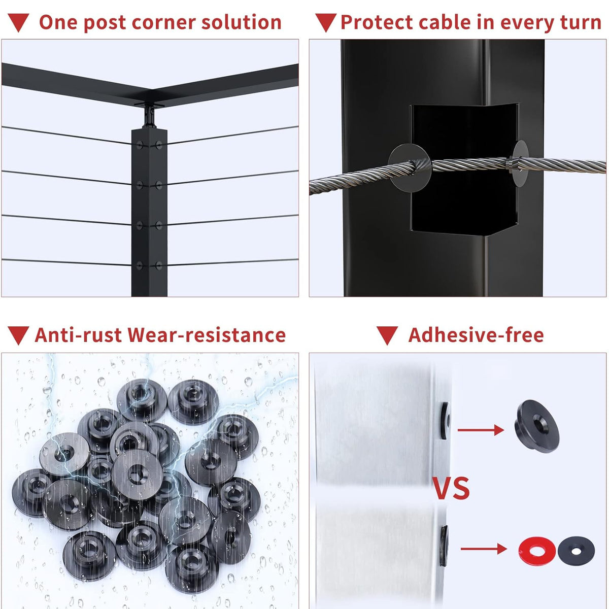 Black Cable Railing Kit 1/8 Sleeves Washer Insert Plug for Wire Rope Metal Posts T316 Stainless Steel Deck Balcony Q9145