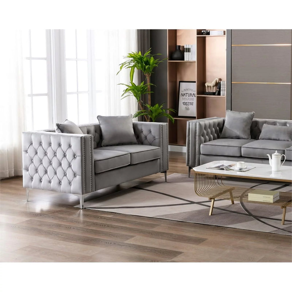2 Piece Velvet Loveseat and Chair Set in Gray C3585
