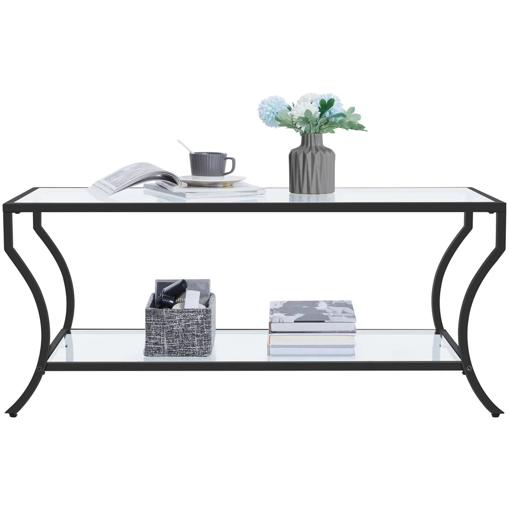 Black 2-tier Tempered Glass Coffee Table with Iron Frame J952978