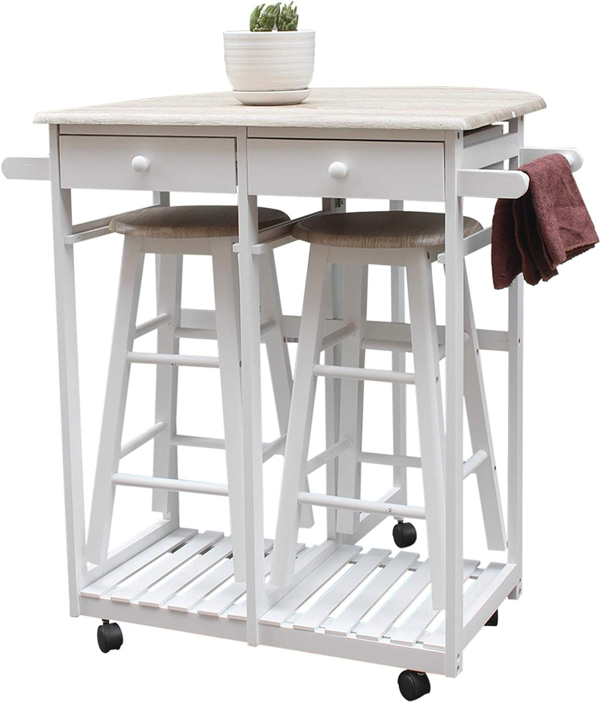 Foldable Dining Table Set with 2 Stools and 2 Drawers Solid Wood Drop Leaf Table S7838