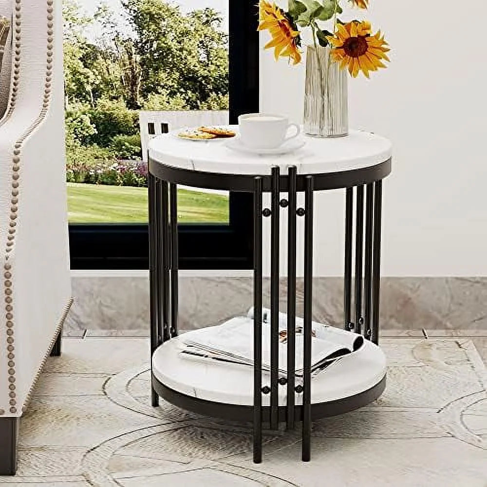 Black Faux Marble Round End Table with Storage Shelves O4702