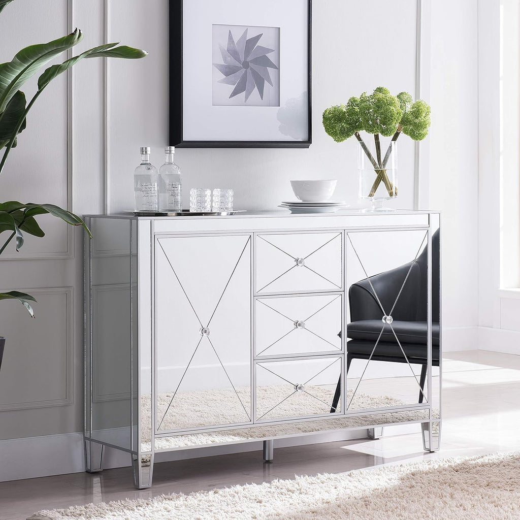 Mirrored 3 Drawers Cabinet with Faux Crystal Knobs and Matte Silver Trim M495