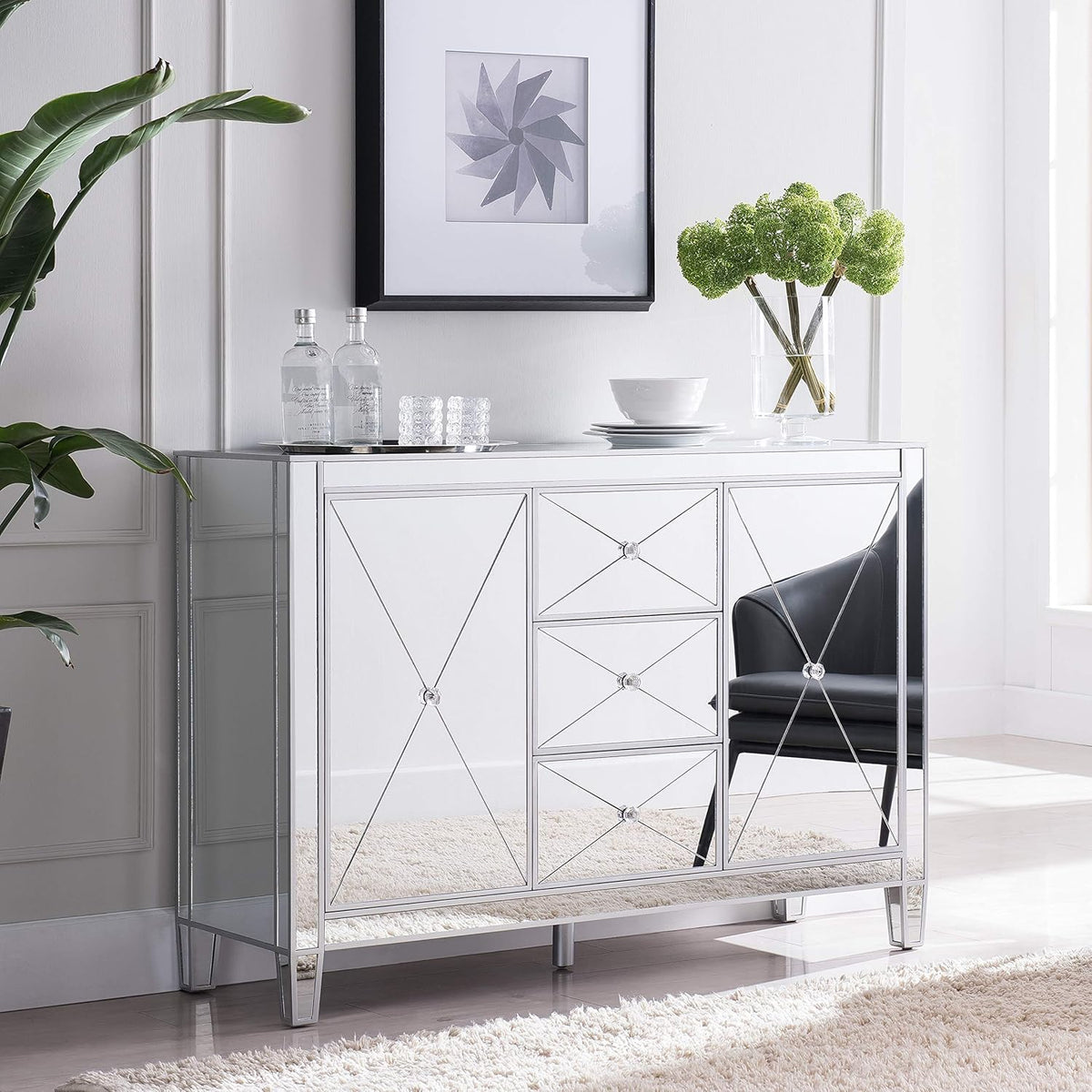 Mirrored 3 Drawers Cabinet with Faux Crystal Knobs and Matte Silver Trim M495