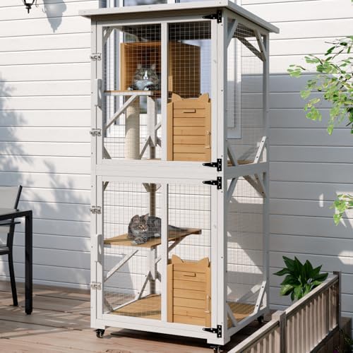 White Cat House Catio Outdoor Enclosure with Waterproof Roof on Wheels J5276