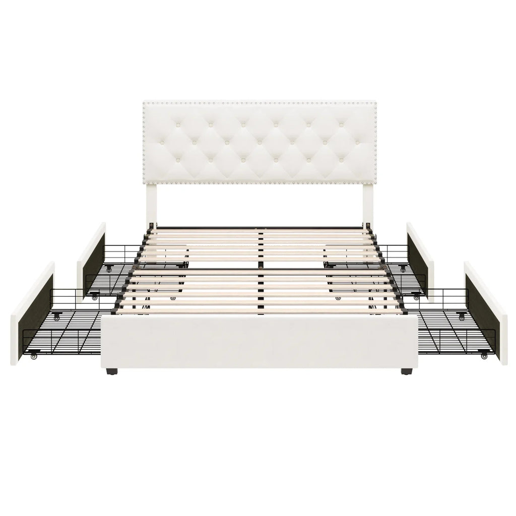 Queen Size Off-White Upholstered Storage Bed with 4 Drawers O608116