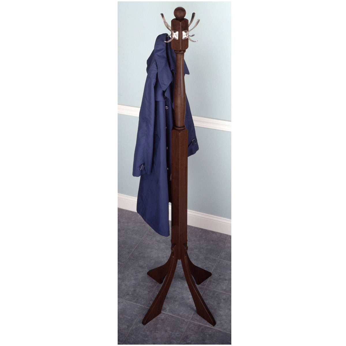 Polished Walnut Coat Rack Tree with 4 Stainless Hooks L37973
