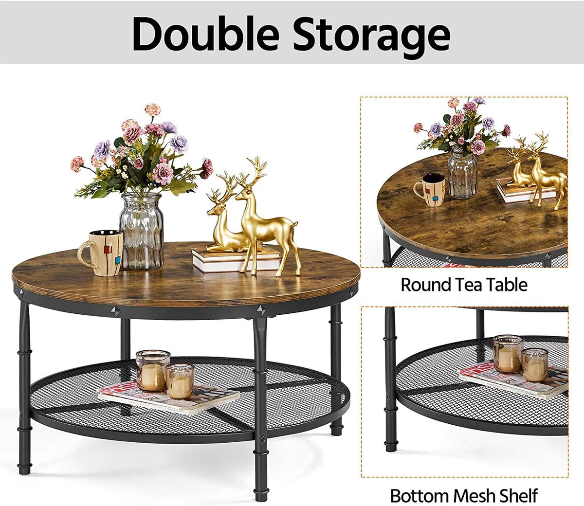 35.5 inch 2-Tier Rustic Wood Coffee Table with Metal Frame H28031
