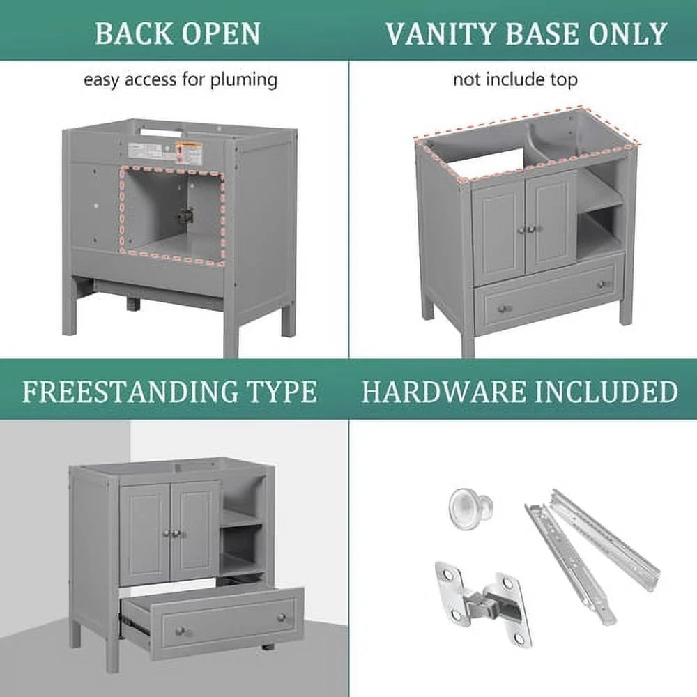 30" Grey Solid Wood Bathroom Vanity Base Only N9654