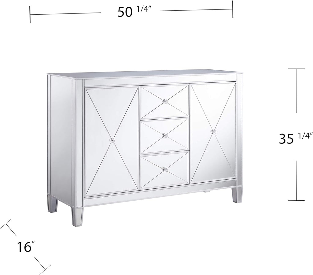 Mirrored 3 Drawers Cabinet with Faux Crystal Knobs and Matte Silver Trim M495