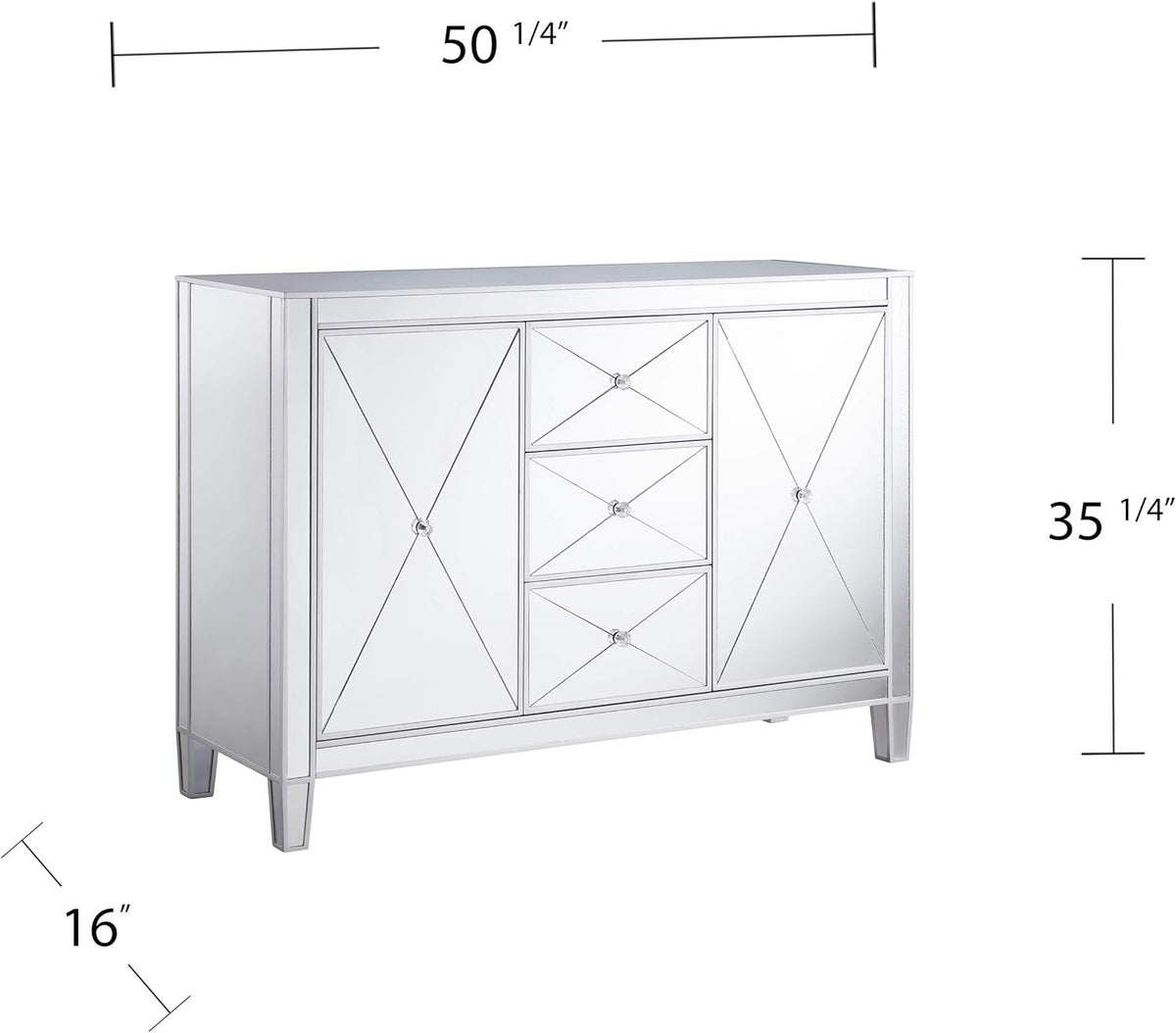Mirrored 3 Drawers Cabinet with Faux Crystal Knobs and Matte Silver Trim M495
