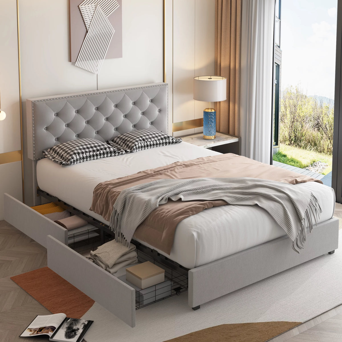 Queen Size Off-White Upholstered Storage Bed with 4 Drawers O608116