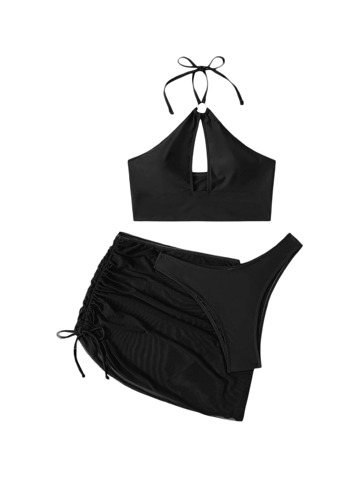 3 Pcs Bikini Set Halter Backless Tie-up Swim Bra Thong with Sarong Skirt Tie-dye Black T72472