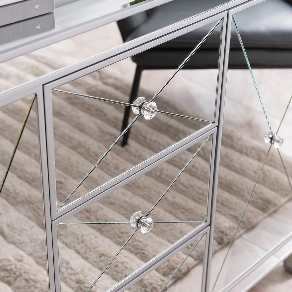 Mirrored 3 Drawers Cabinet with Faux Crystal Knobs and Matte Silver Trim M495