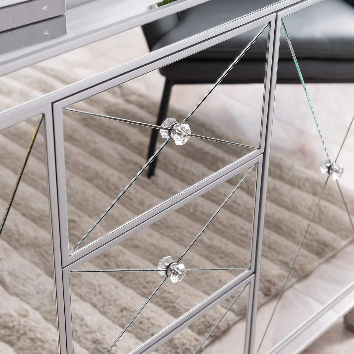 Mirrored 3 Drawers Cabinet with Faux Crystal Knobs and Matte Silver Trim M495