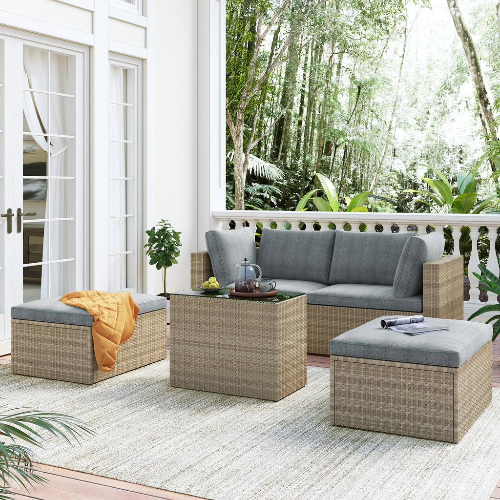 Gray Wicker Rattan Patio Sectional Sofa Set with Ottomans and Cushions Q174271