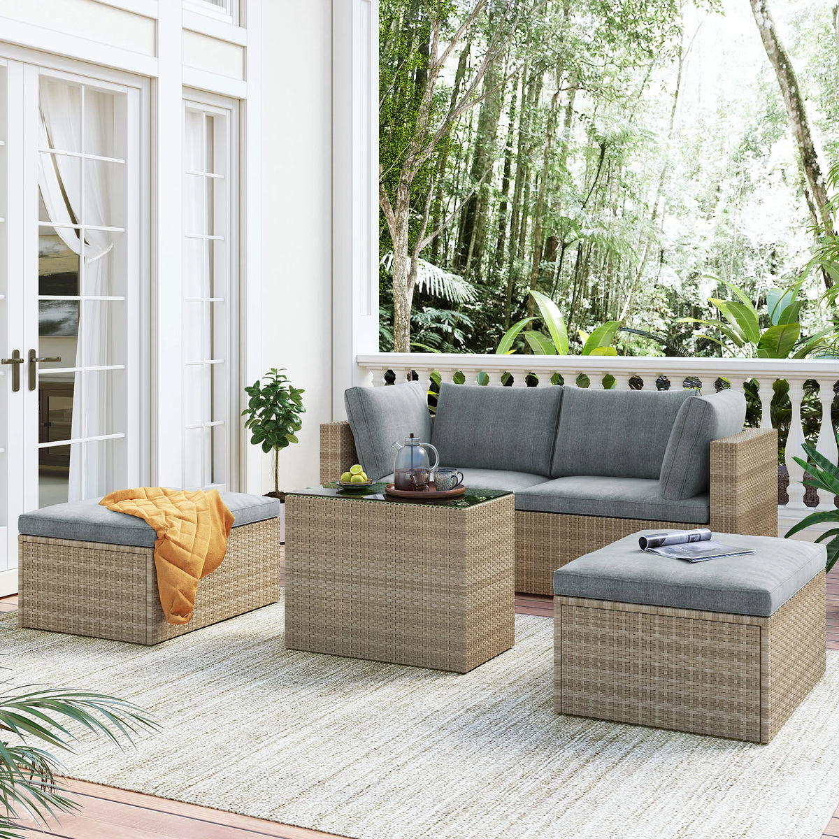Gray Wicker Rattan Patio Sectional Sofa Set with Ottomans and Cushions Q174271