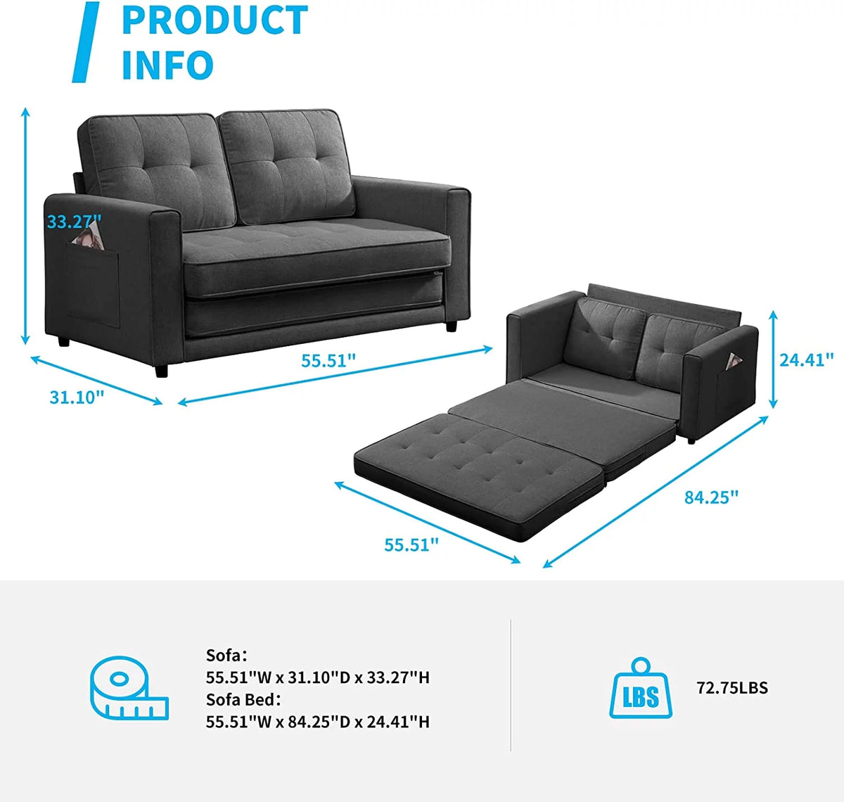 Dark Grey 3-in-1 Sleeper Sofa Bed J2195