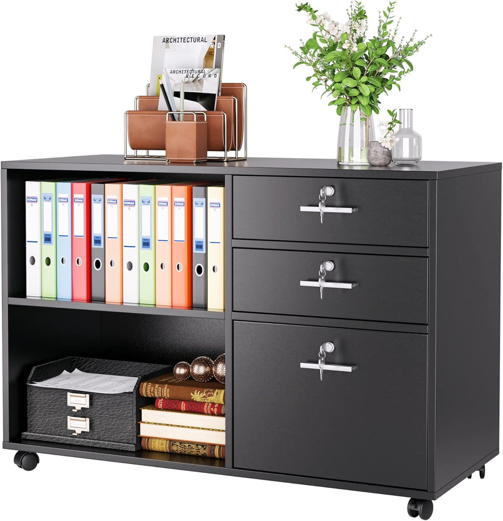 Black Wood Lateral File Cabinet with 3 Drawers and Lock T972