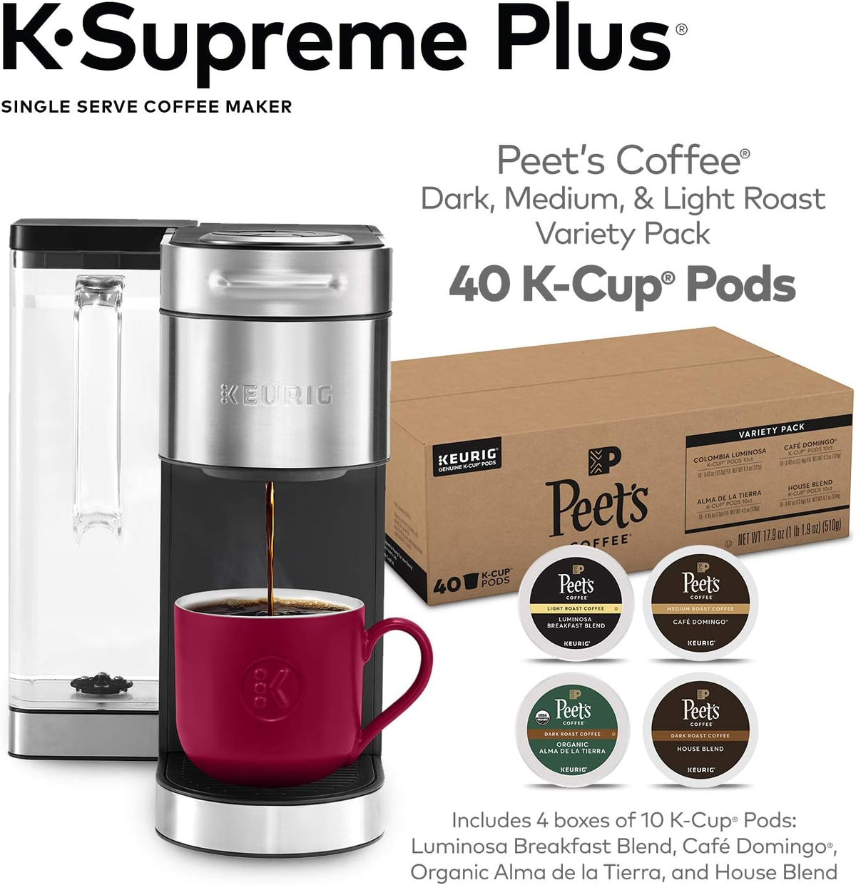 Stainless Steel Coffee Maker, 40 Count Variety Pack Coffee Pods B947435