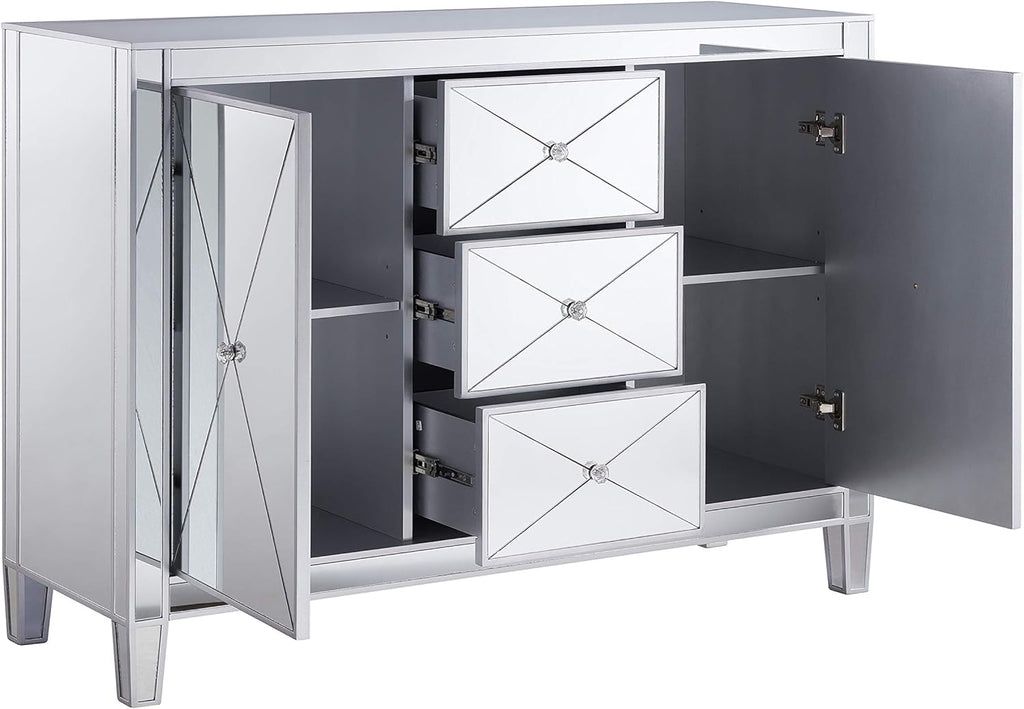 Mirrored 3 Drawers Cabinet with Faux Crystal Knobs and Matte Silver Trim M495