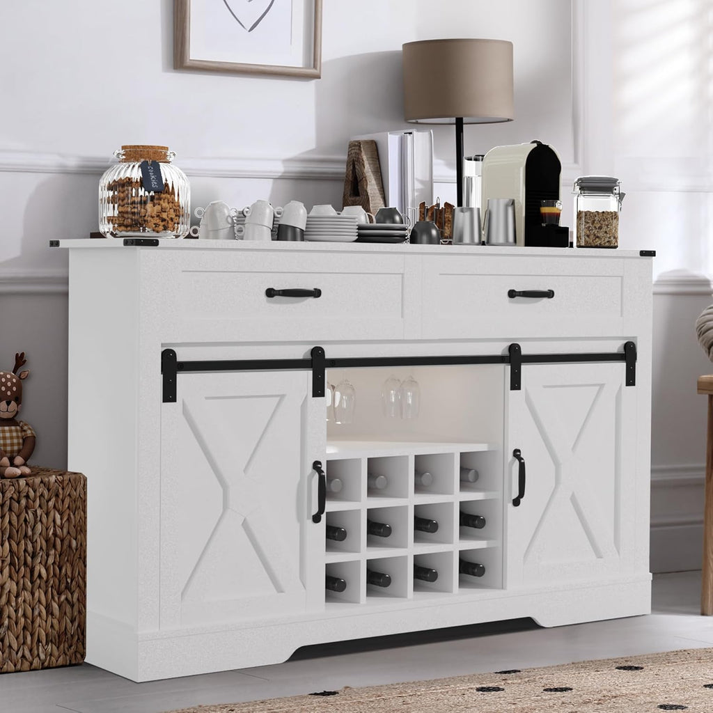 White & Oak Sideboard Cabinet with Sliding Barn Door, 3 Drawers M9465