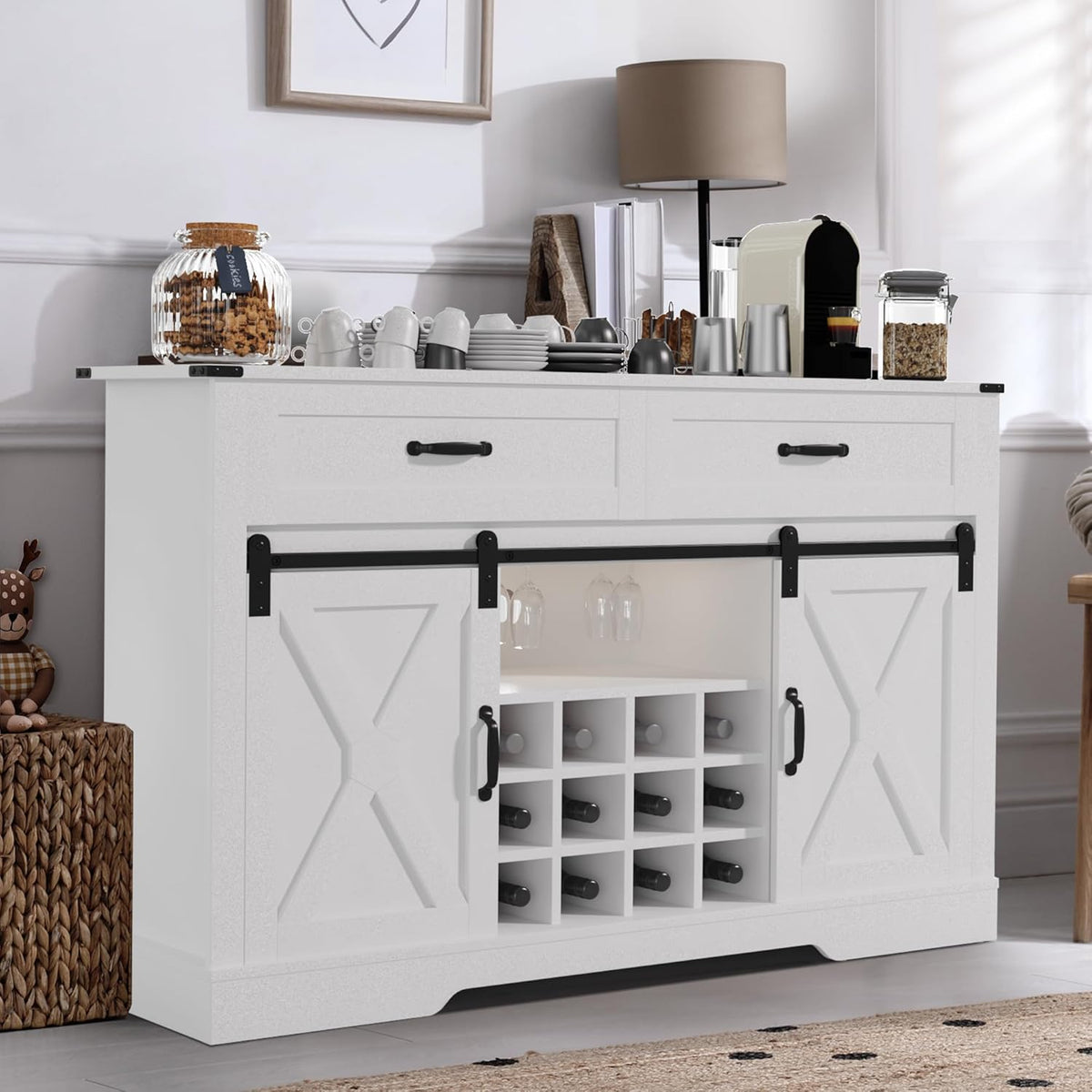 White & Oak Sideboard Cabinet with Sliding Barn Door, 3 Drawers M9465