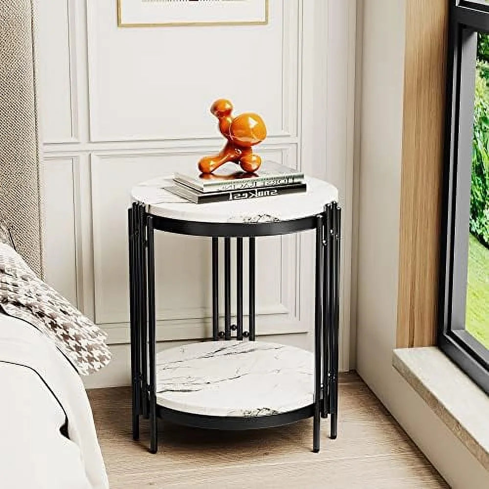 Black Faux Marble Round End Table with Storage Shelves O4702