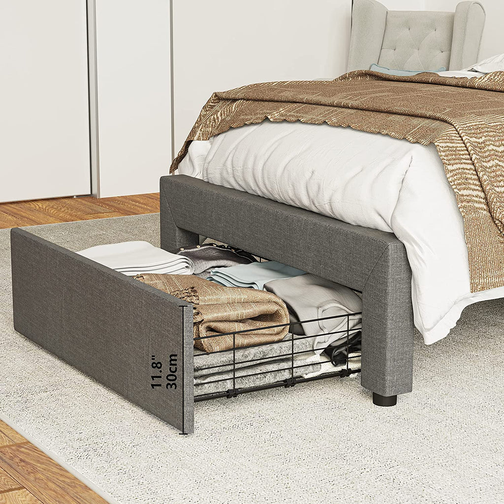 Grey Twin Bed Frame with Upholstered Headboard and Under-bed Drawer Z508