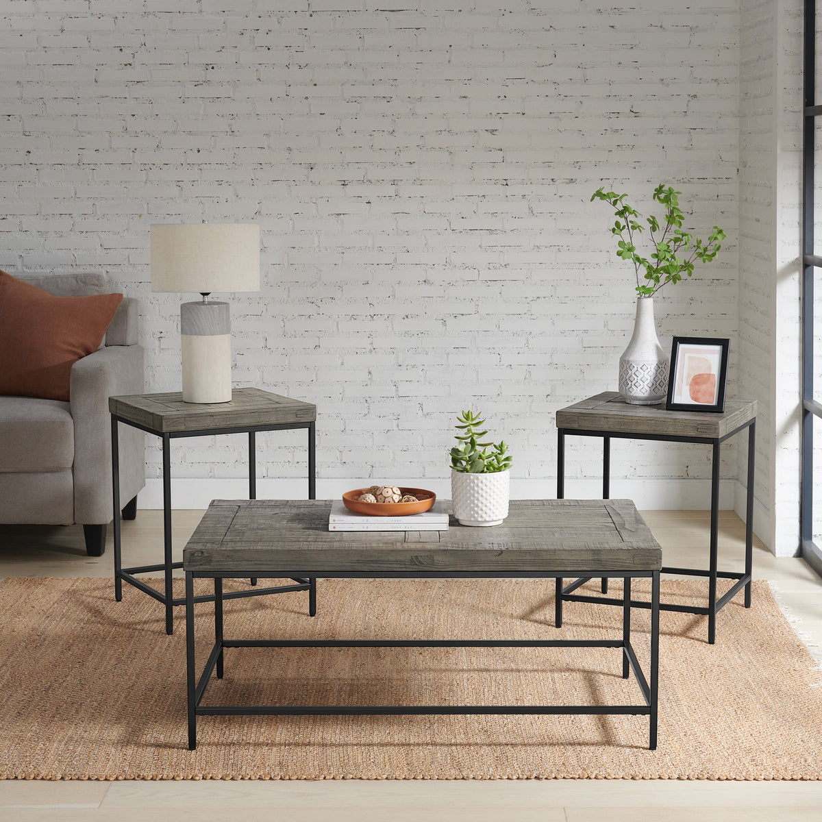 3-Piece Coffee Table Set with 2 Side Tables Gray Q677