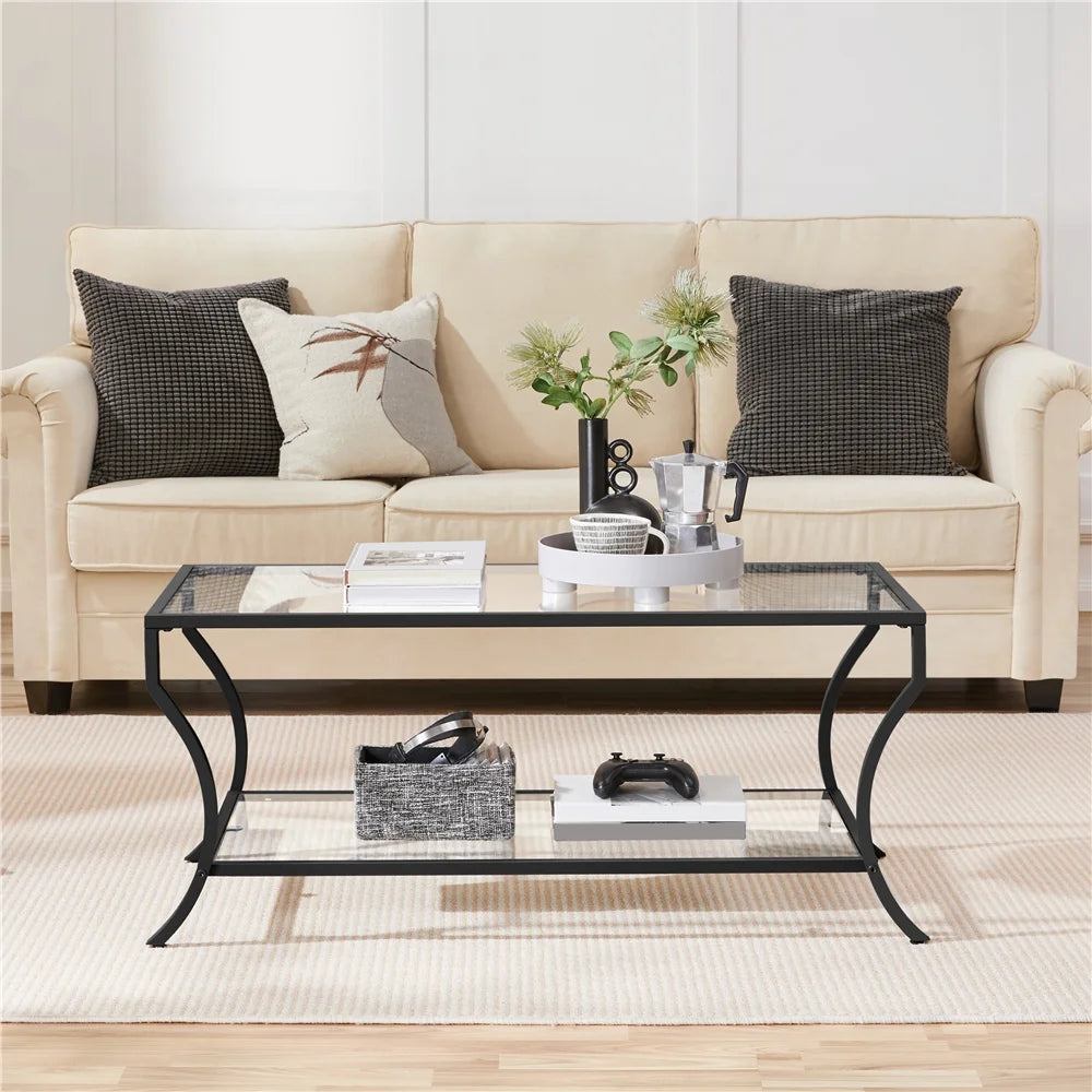 Black 2-tier Tempered Glass Coffee Table with Iron Frame J952978