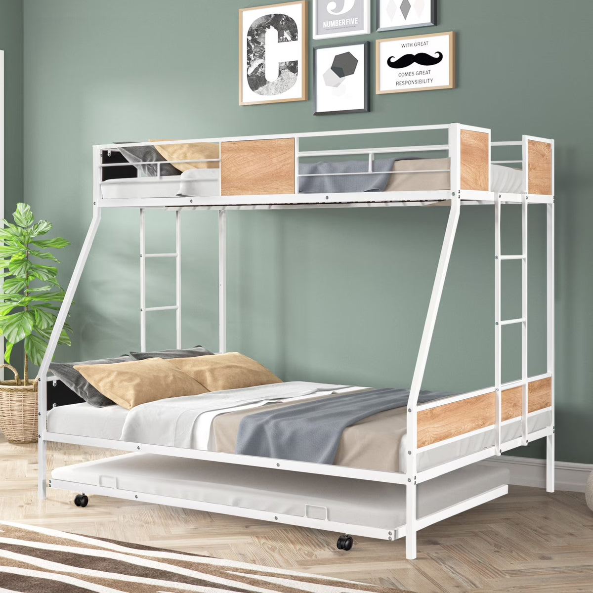 Twin Over Twin Full Metal Bunk Bed Frames with Trundle & Two-Side Ladders M4019