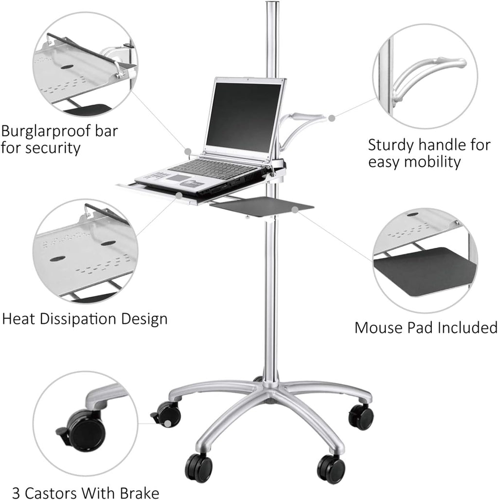 Aluminum Mobile Laptop Cart on Wheels, Height Adjustable Rolling Laptop Stand with Mouse Tray Z842743