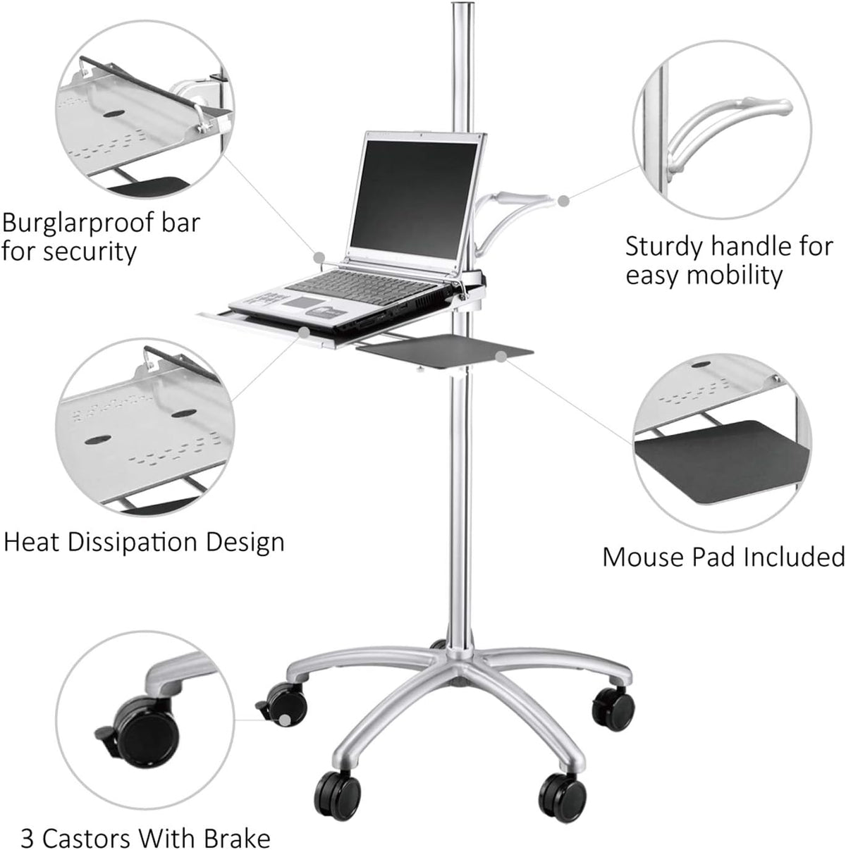 Aluminum Mobile Laptop Cart on Wheels, Height Adjustable Rolling Laptop Stand with Mouse Tray Z842743