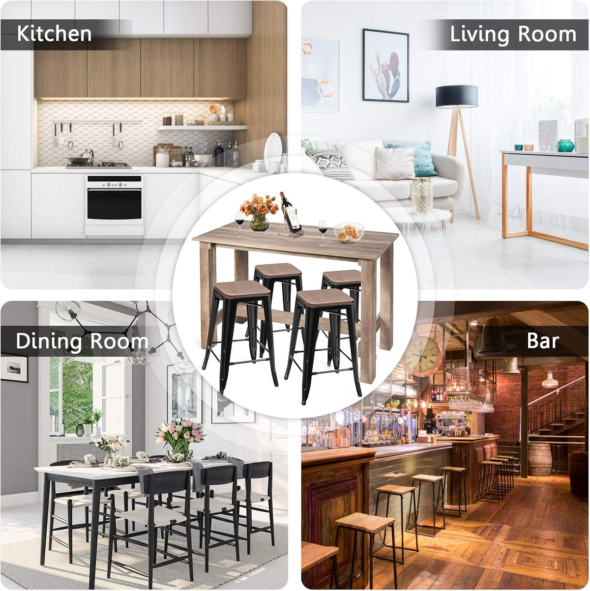 5 Pcs Industrial Counter Height Dining Table Set with 4 Metal Backless Barstools J691807