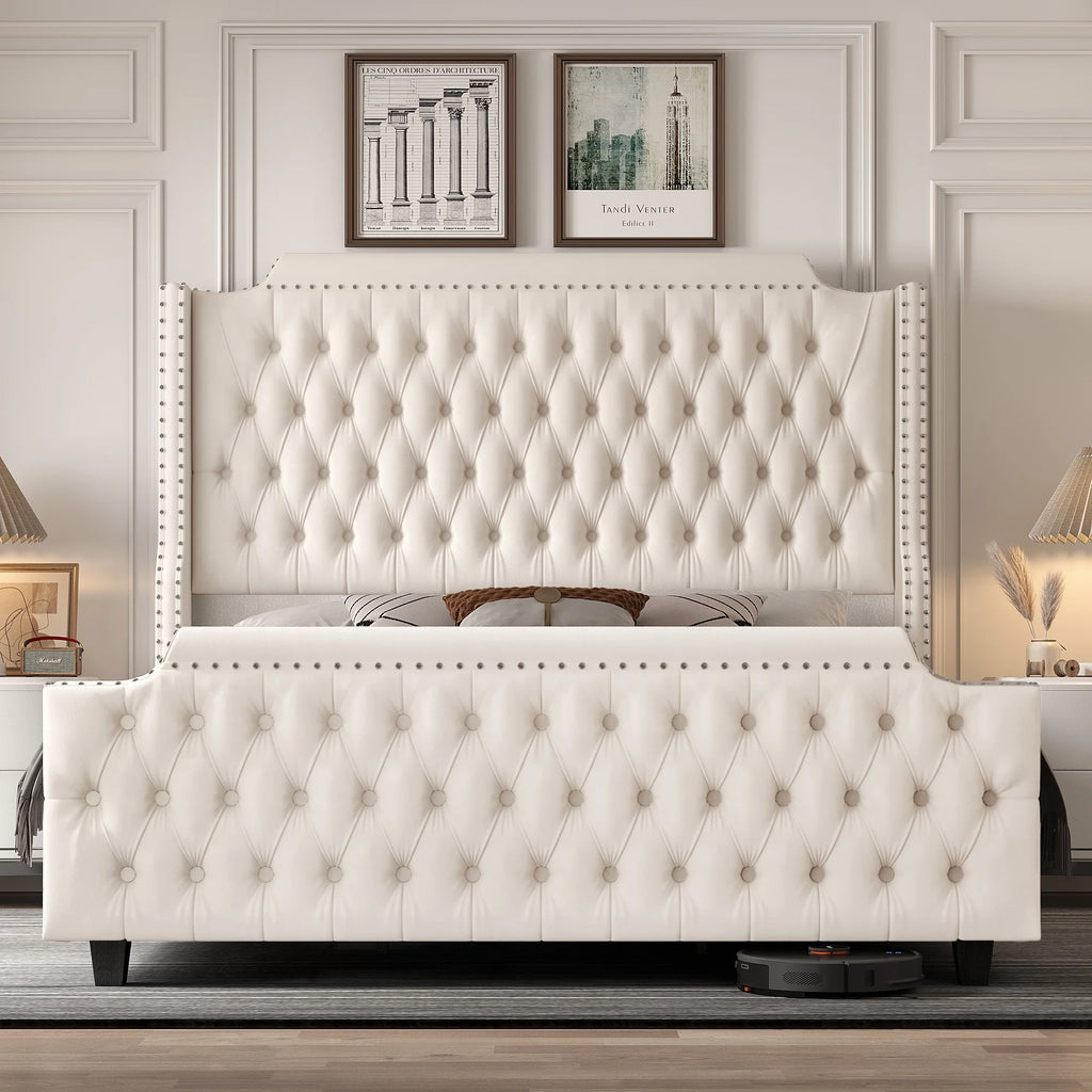 Queen Size Velvet Button Tufted Upholstered Bed with Headboard and Footboard M226073