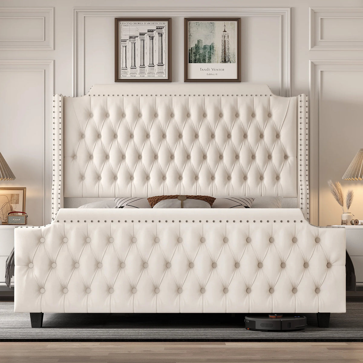 Queen Size Velvet Button Tufted Upholstered Bed with Headboard and Footboard M226073