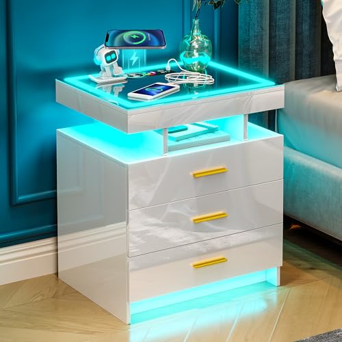 Black LED Nightstand with 3 Drawers and Wireless Charging D285