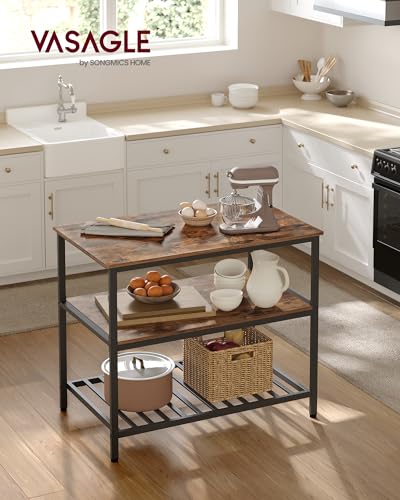 Rustic Brown and Black Kitchen Island with 3 Shelves I354322