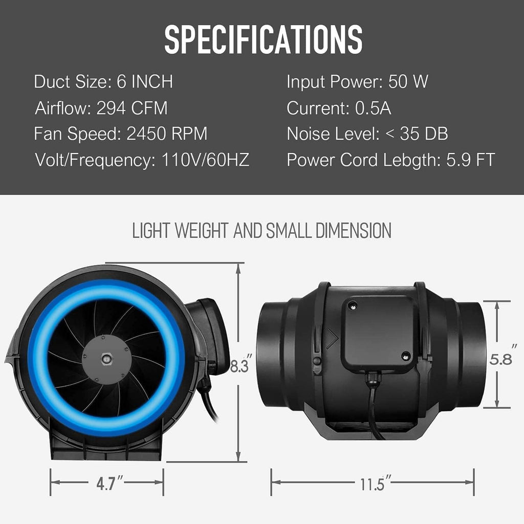 6 Inch 294 CFM Inline Fan with Carbon Filter and Ducting S482