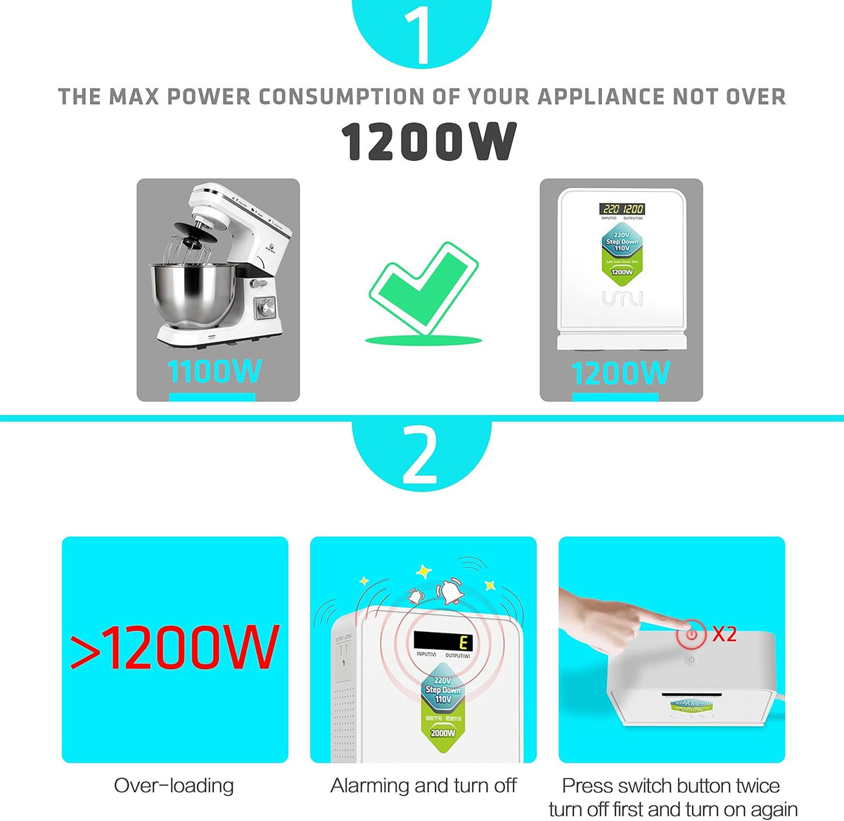 220V to 110V Step Down Transformer 1600 Watts White Q342