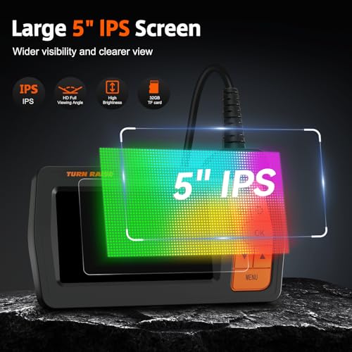 Triple Lens Sewer Camera with 50ft, 5" IPS Screen Borescope with Light, 1080P HD Endoscope IP67 Drain Pipe Snake Drain Camera, 32G Card Semi-Rigid Cable for Plumbing Inspection + Case S83292