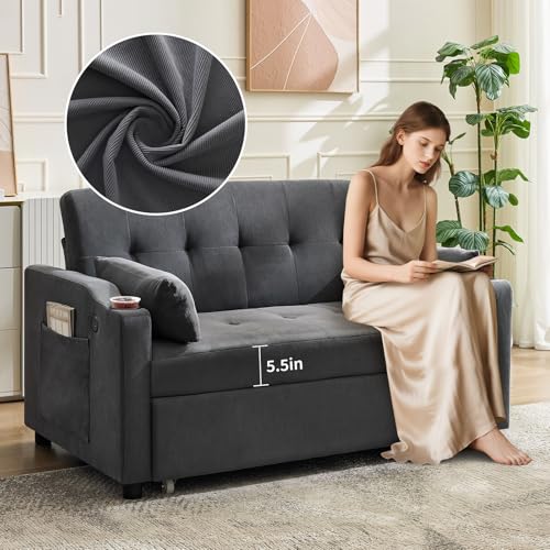 3 in 1 Convertible Sleeper Sofa Bed, Corduroy Futon Couches with Pull-Out Bed W785724