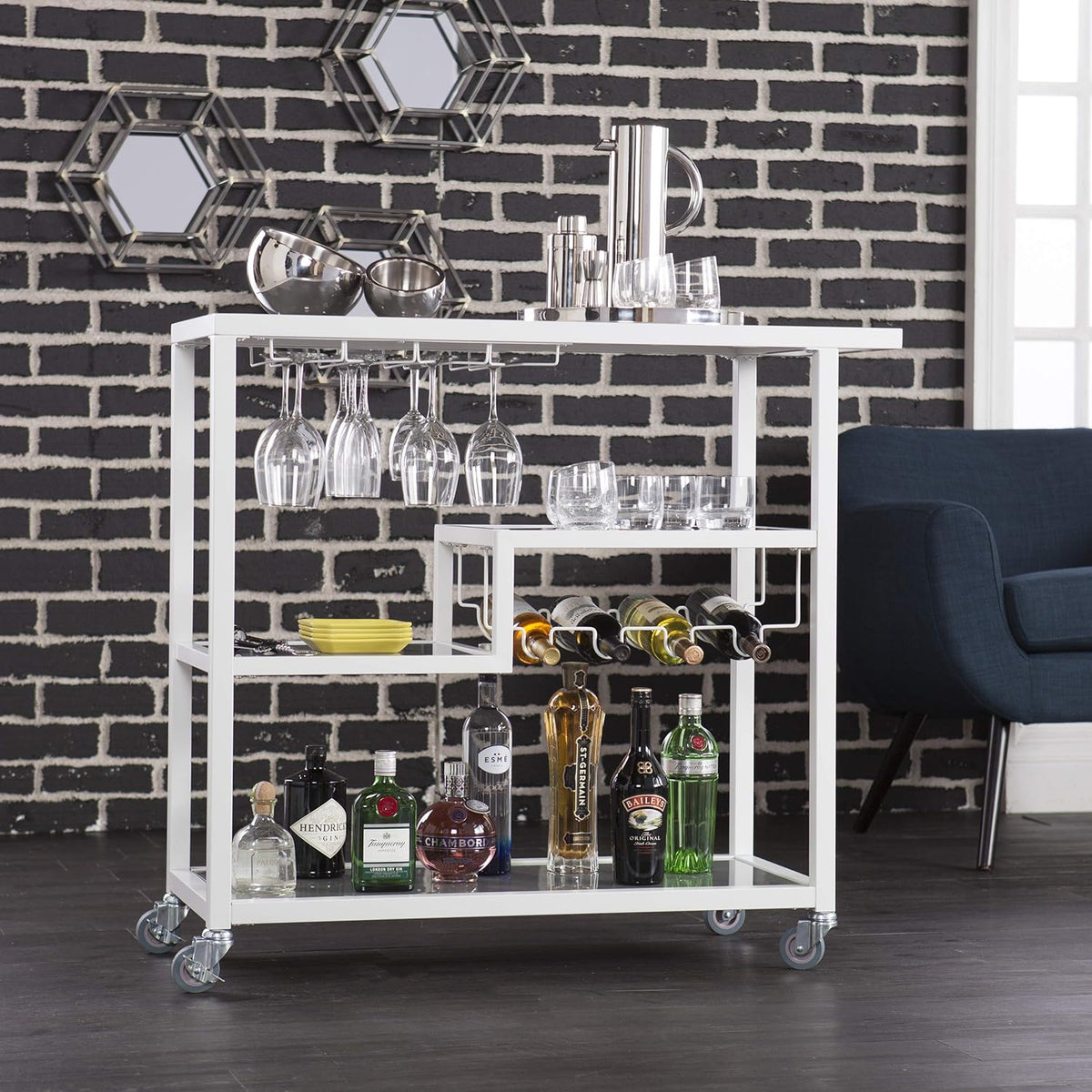 White Bar Cart with Wheels B6367